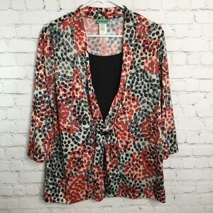 Sara Morgan Red/Black/Grey 3/4 Sleeve‎ Blouse Women L Guatemala 100% Polyester